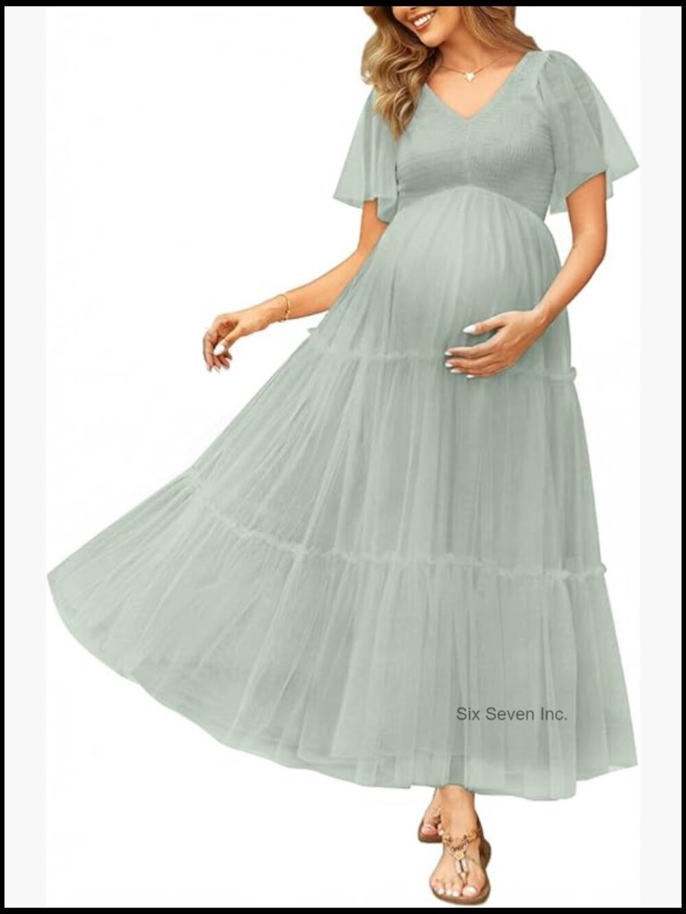 Maternity Maxi Dress with Flutter Sleeves for Photoshoots and Baby Showers